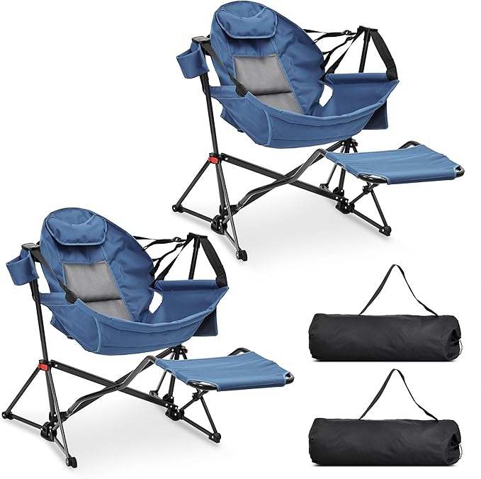 Ainfox Hammock Camping Chair with Footrest Heavy Duty Foldable Portable Rocking Hammock Chairs Outside Swinging Camp with Cup Holder Pillow for Outdoor Patio Poolside Dark Blue 2 Pack
