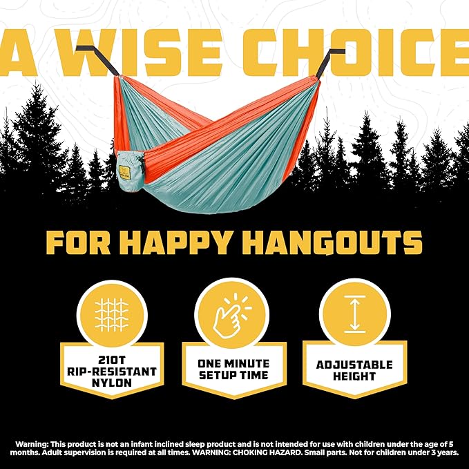Wise Owl Outfitters Camping Hammock – 500lbs Portable Hammock with Tree Straps - Travel Backpacking Hiking Outdoors Camping Gear - Single or Double