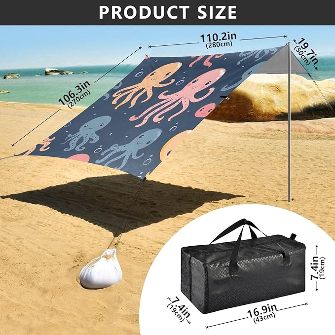 Cute Jellyfish and Octopus Camping Sun Shelter Beach Tent Portable Beach Sun Shade Outdoor Canopy for Camping Trips Fishing Picnic