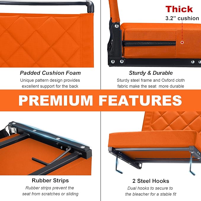 Stadium Seats with Back Support Cushion Folding Stadium Seats for Bleachers Hold up 400lbs Wide Bleacher Seat with Shoulder Strap &amp Handle Comfort for Sports Events (Orange 2pcs)