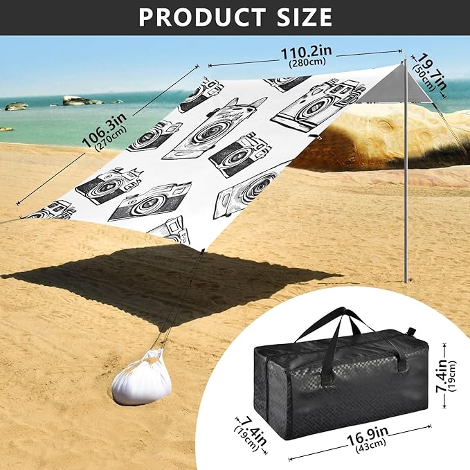 Doodle Disposable Camera Camping Sun Shelter Beach Tent Portable Beach Sun Shade Outdoor Canopy for Camping Trips Fishing Picnic