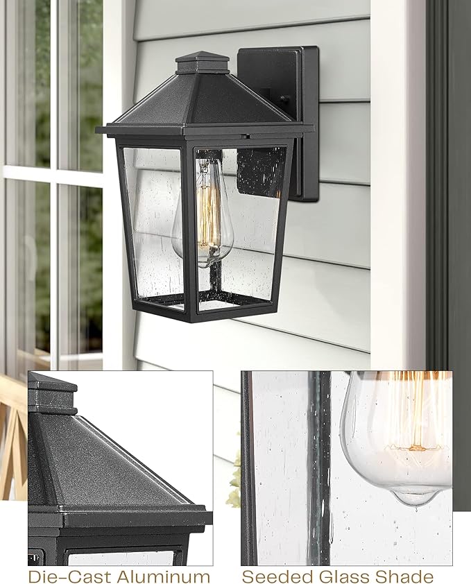 Outdoor Wall Sconce HWH Exterior Wall Lantern Porch Lights Outdoor Wall with Seeded Glass Shade Waterproof for Doorway Hallway Garage Matte Black Finish 5HX64B BK