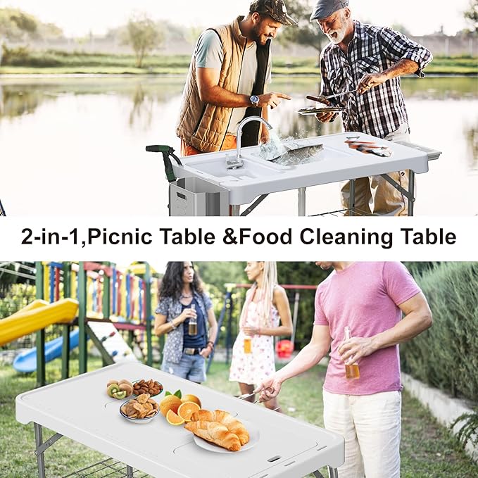 42.5 Fish Cleaning Table with Dual Sink Portable Folding Camping Table with Faucet Sprayer Grid Rack Hose Hook Up &amp Knife Groove Outdoor Sink Station for Picnic Beach Patio