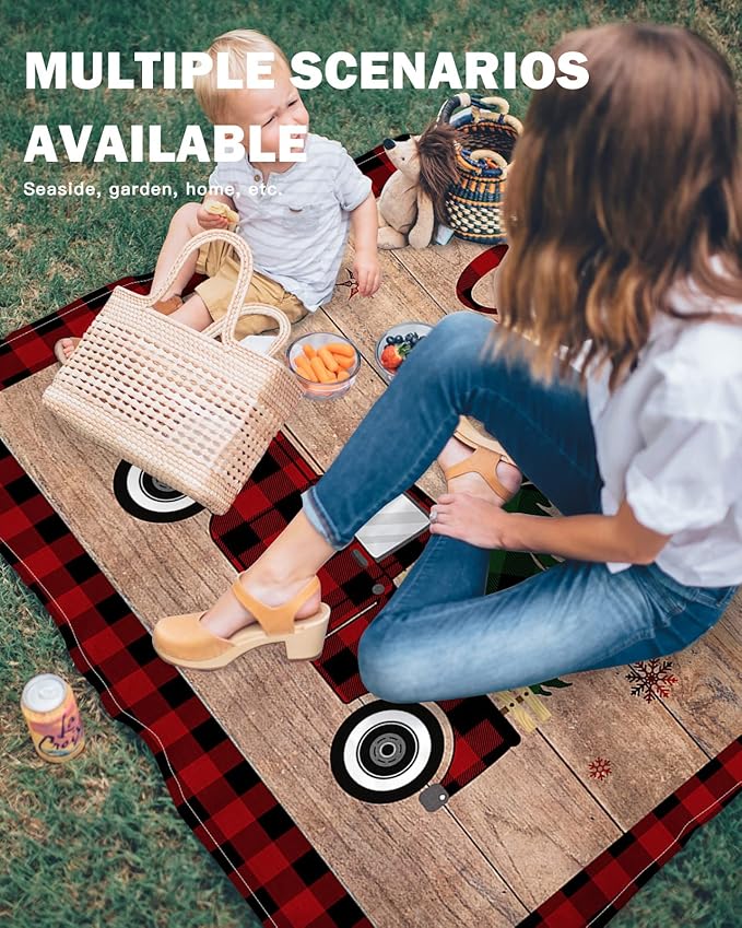 Beach Blanket Waterproof Sandproof OversizedRetro Farm Plaid Car Beach Mat with Corner Stakes Sand PocketsBuffalo Grid Xmas Tree on Wood Grain Outdoor Picnic Mat for Travel Camping Hiking 83x79In