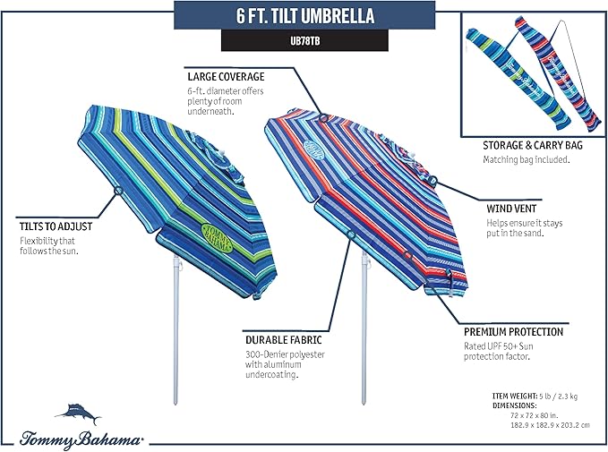 Tommy Bahama 6' UPF 50+ Tilt Beach Umbrella with Integrated Sand Anchor Wind Vent and Carry Bag