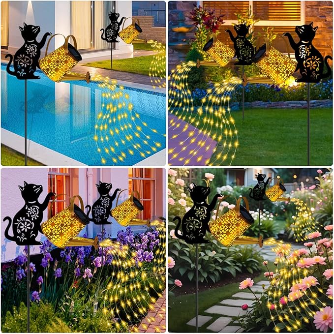 Solar Lights Outdoor Decorative Watering Can with Cascading Lights with Cat Silhouette Garden Stakes Waterproof Metal Garden Decor for Yard Art Outside Patio Lawn 2PACK