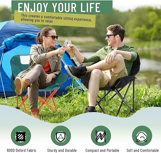 2 Pack Compact Camping Chairs Portable Folding for Outside with Carry Bag Lightweight Moon Chairs for Travel Picnic Hiking Beach Fishing 600D Oxford Supports 330lbs(Green Black)