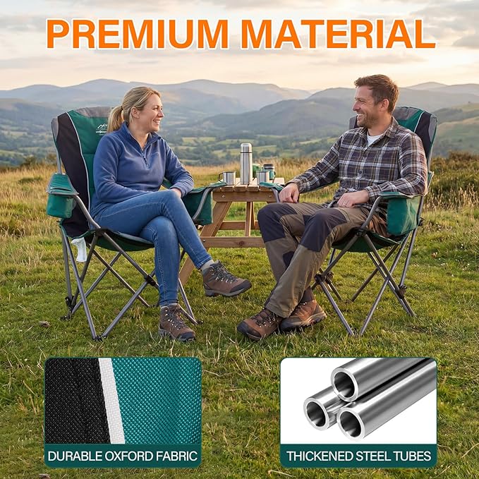 2 Pack Camping ChairsOversized Folding Lawn Chairs for Adults w/3 Levels Adjustable Angled BackrestCup HoldersCooler BagHeavy Duty Camp Chair Support to 400lbsPortable for Outdoor