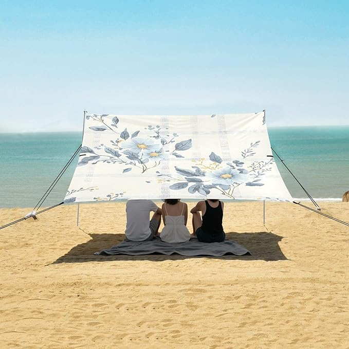 Beach Tent Sun Shelter Blue Flowers Plaid Lightweight &amp Easy Setup Beach Shade Canopy for Camping Fishing