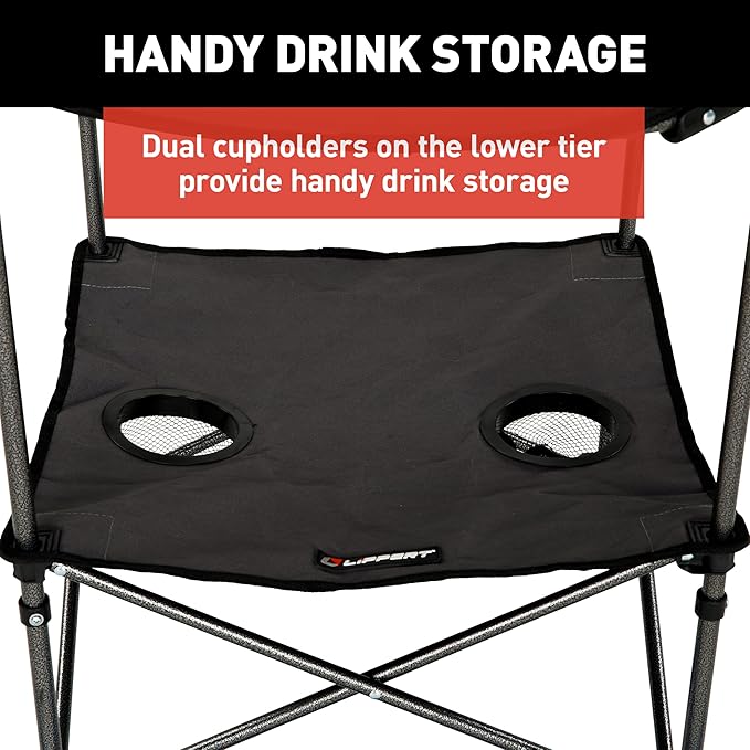 Lippert Dark Grey Two-Tier Folding Camping Table with Dual Cupholders 600D Polyester Fabric Powder-Coated Steel Frame Foldable Design Lightweight Construction Zippered Carry Bag - 2023053720
