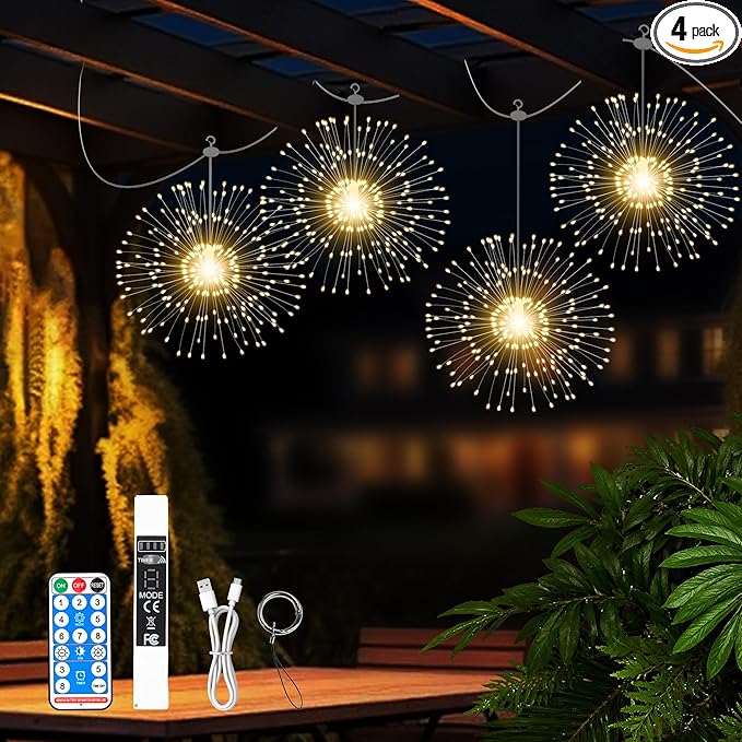WIND STAR Firework Lights Rechargeable 800 LED Hanging Starburst String Lights with Remote 8 Modes for Patio Party Birthday Christmas Indoor Bedroom Decoration