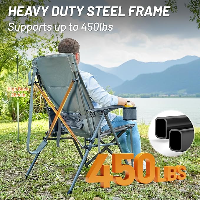 TIMBER RIDGE Oversized Camping Chair with Lumbar Support Portable Folding Chair Heavy Duty for Adults Supports 450 LBS for Outdoor Camping Lawn with High Back Cup Holder Side Pocket Grey