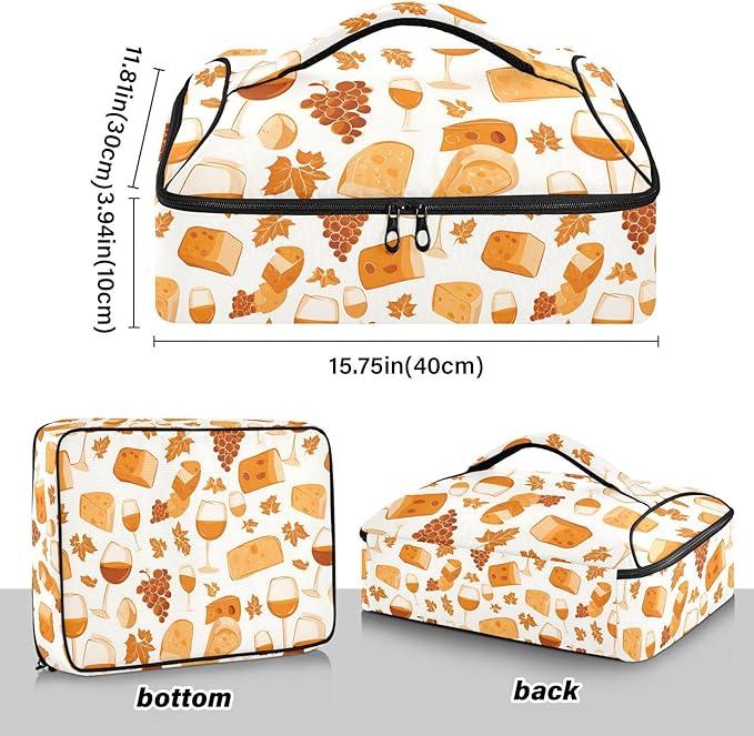Casserole Carrier Wine and Cheese PrintInsulated Casserole Carrier for Hot or Cold Food Thermal Lunch Tote for Potluck Parties Picnic Beach Fits 9 x 13 Inches Baking Dish