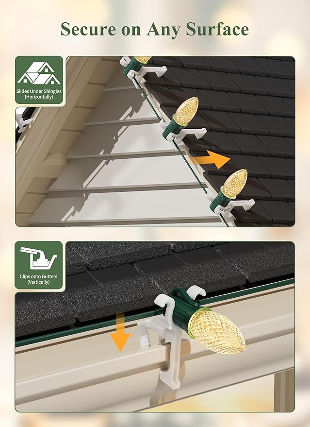 Minetom 100 Pack All-in-One Christmas Light Clip for C7 C9 Christmas String Lights Christmas Light Plastic Clips for Roof and Gutter Shingle Clips Outdoor