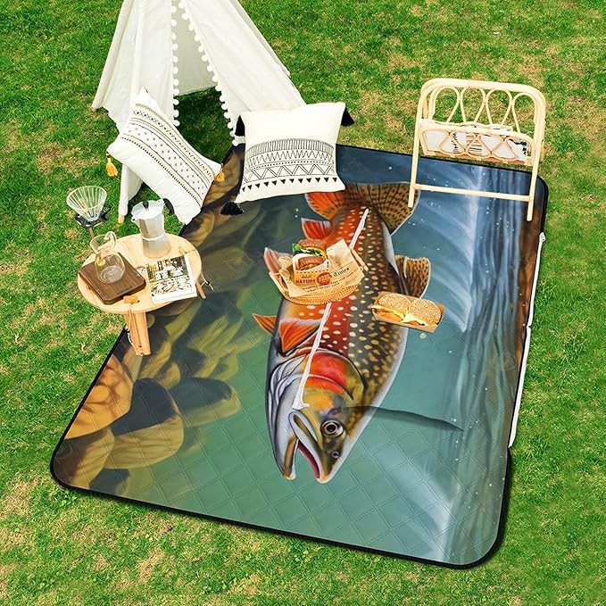 Brook Trout Fly Fishing_79629943 Print Zipper Style Picnic Mat Waterproof &amp Heat-Insulating Foldable Into A Shopping Bag
