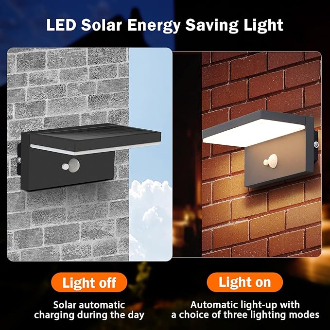 Solar Outdoor Wall Lights 2 PackMotion Sensor Waterproof Dusk to Dawn Solar Porch Wall Mount Lamp Black Modern Exterior Light Fixture 3000K 5W for Garage House Patio
