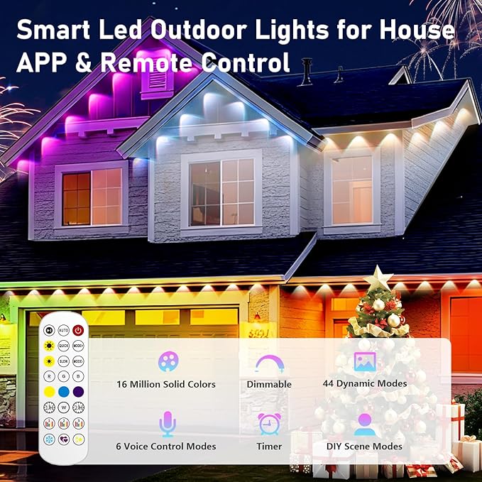 200FT Christmas Permanent Outdoor LightsRGB Eaves Lights with App &amp Remote ControlDIY Multi-Color Scene ModesIP67 WaterproofOutdoor Strings for HouseHoliday Decorations for Christmas