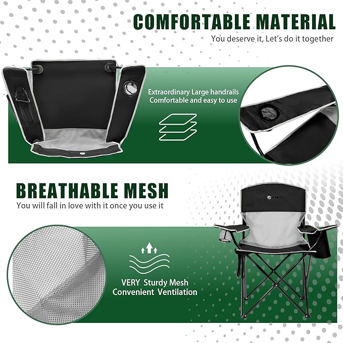 Portable Outdoor Folding Chair with Cup Holder &amp Cooler Bag - Breathable Mesh Wide Armrests Ergonomic Design for Camping Beach Backyard - Includes Storage Bag &amp Bottle Opener (Black/Green/