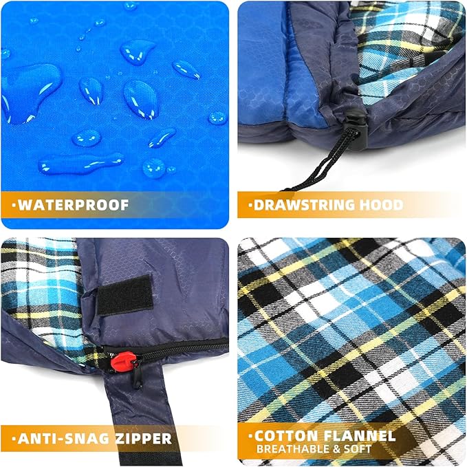 Cotton Flannel Lined Sleeping Bag for Adults Teens Kids Cold Weather &amp Warm 3 Seasons Lightweight Compact Camping Essentials Equipment Hiking Outdoor Travel