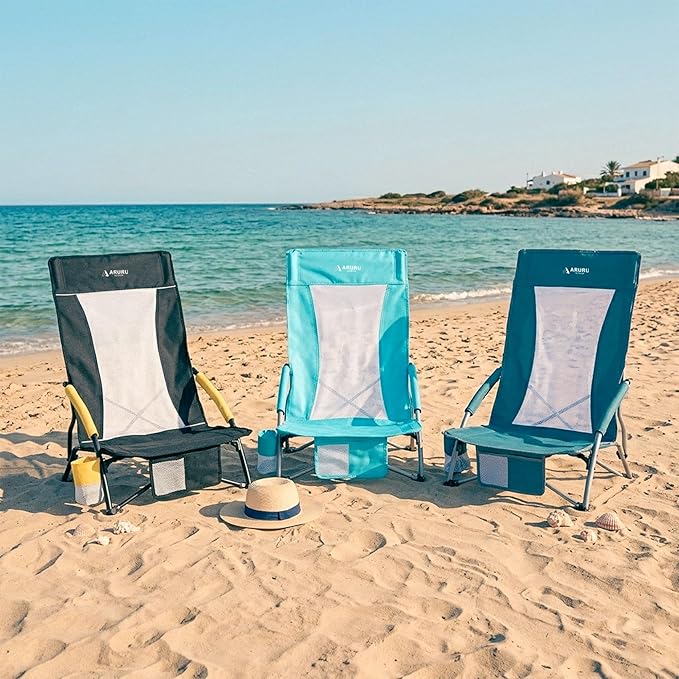 Low Beach Chairs for Adults 2 Pack High BackFolding Portable Sling Beach Camping Chair with Cup HolderLightweight Foldable Camp Lawn Chair for Outdoor Sand Concert Travel Sport Events