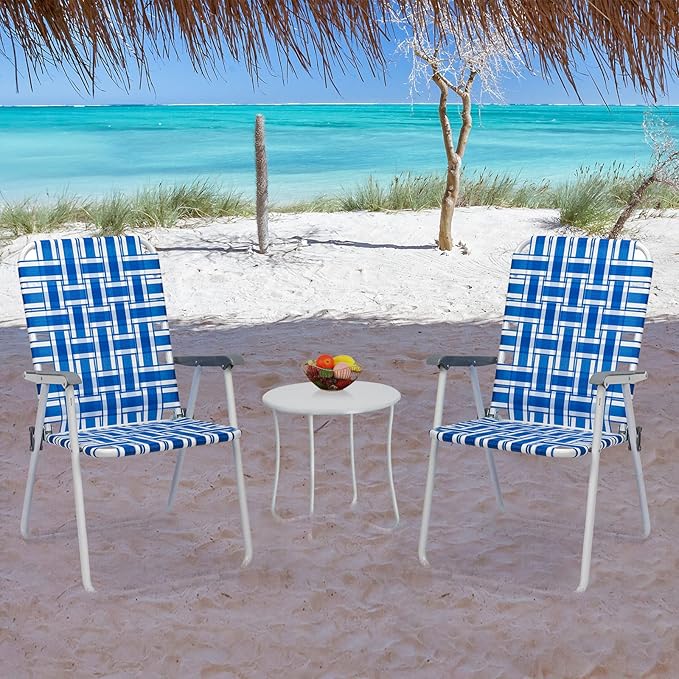 Set of 2 Folding Patio Lawn Chairs Webbed Folding Chair Outdoor Beach Chair High Back Seat Portable Camping Chair for Yard Garden (Blue White)