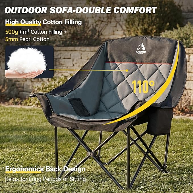 Oversized XL Camping Chair for Adults Heavy Duty | 450LBS Support Padded Folding Lawn Chairs with Side Pocket Cup Holder Cooling Bag for Outdoor Sports Garden Beach Fishing