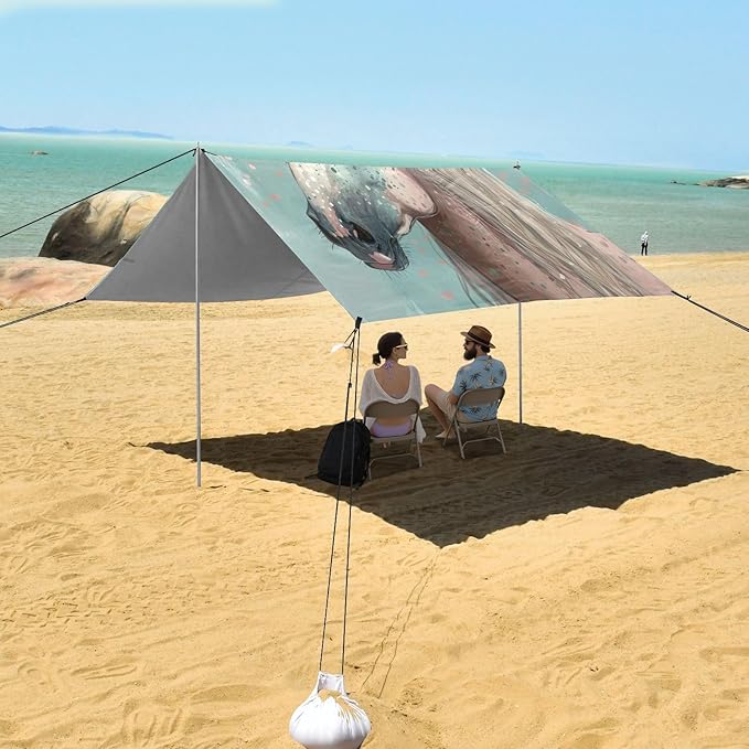 Grey Horse with Floral Beach Tent Sun Shelter 9.2' x 10.5' Beach Canopy with 4 Sandbags 4 Stability Poles Sand Shovels - Tent Canopy for Beach Camping Fishing Picnics