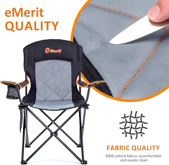 EMERIT Oversized Padded Camping Chair 350LB Heavy Duty Quad Fold Chair with Arms Collapsible Outdoor Chairs with Lumbar Back &amp Cup Holder