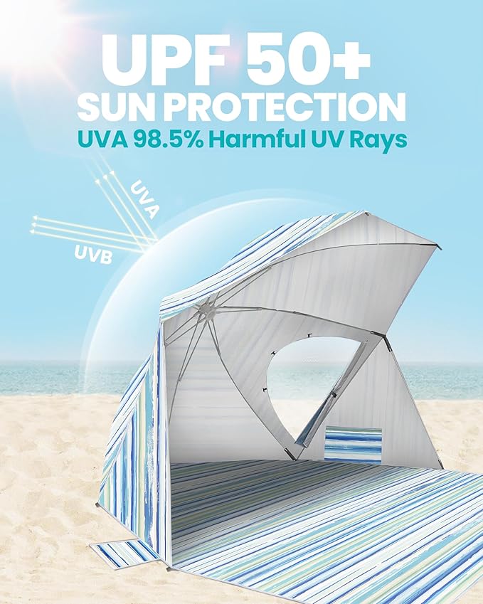 OutdoorMaster Pop Up Beach Umbrella Portable Beach Tent Shelter Beach Shade Sun Canopy with UPF 50+ UV Protection Extendable Floor with Carrying Bag