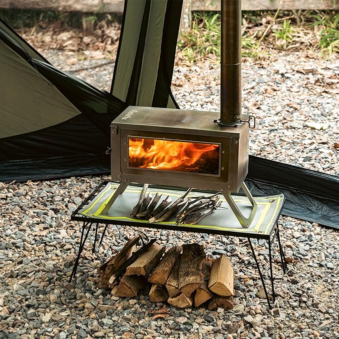 Wood Stove Table for Camping Tent Stove Table Folding Stove Base with Mat Portable Steel (23.6''×13.8'')
