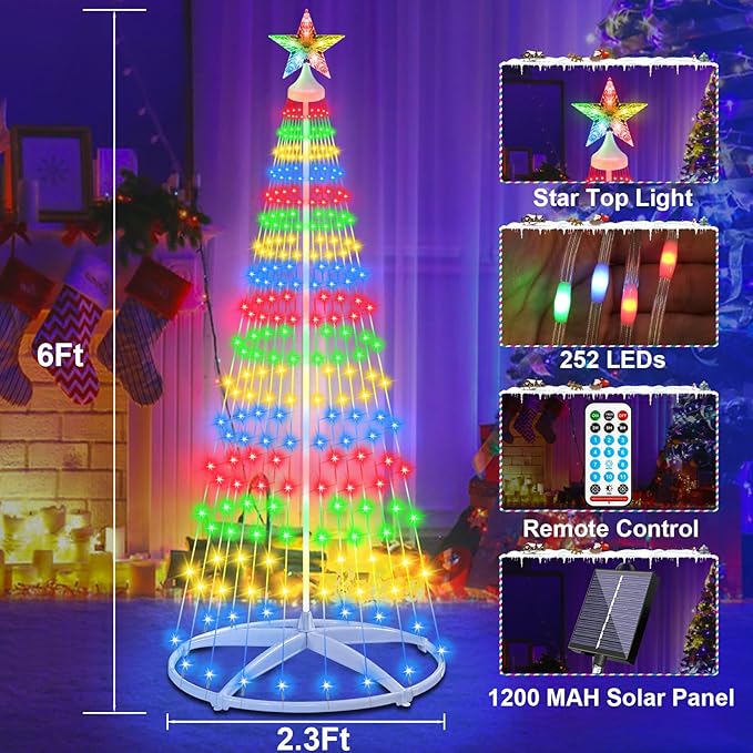 6ft Solar Powered Christmas Cone Tree Lights with Star Topper Outdoor Christmas Tree with 11 Modes Timer Remote Dimmable Waterproof for Yard Holiday Christmas Decoration Warm White &amp Multicolo