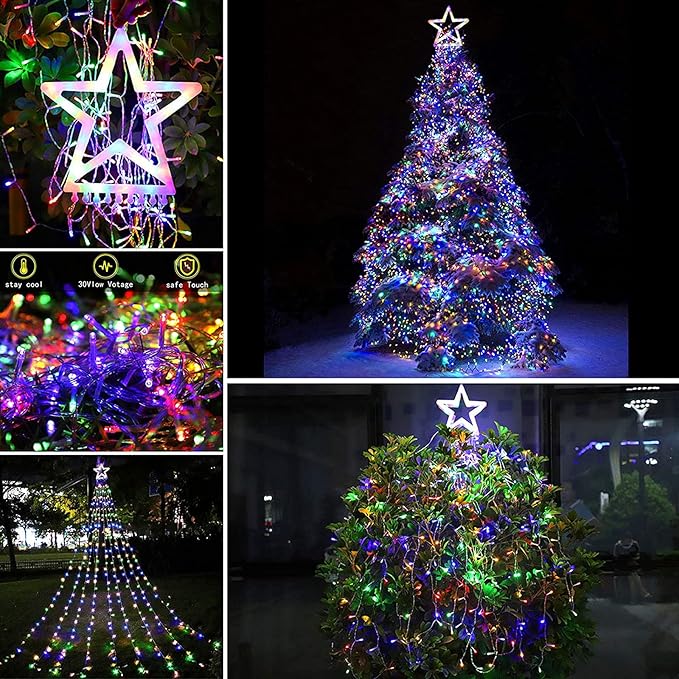 Christmas Decoration Lights Outdoor Christmas String Light 320 LED 11.5 Ft Waterfall Tree Lights with Big Star Topper 8 Light Modes for Xmas New Year Holiday Garden Yard Indoor Outdoor Decor