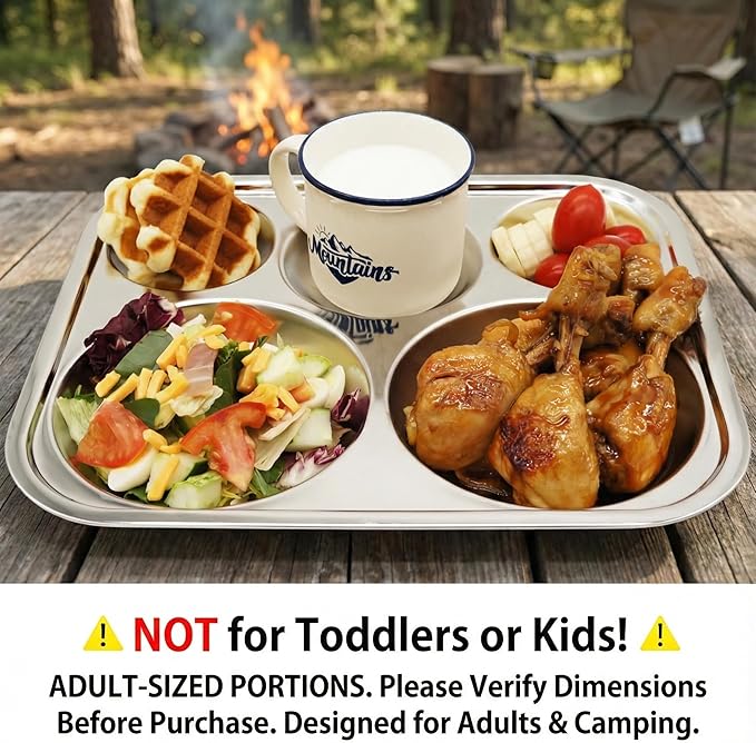 Korean Stainless Steel Divided Plates for Adults Teens Premium 304 Electro-Polished No Black Residue BPA-Free Large 5-Compartment Food Tray Diet Portion Control Camping Set of 2