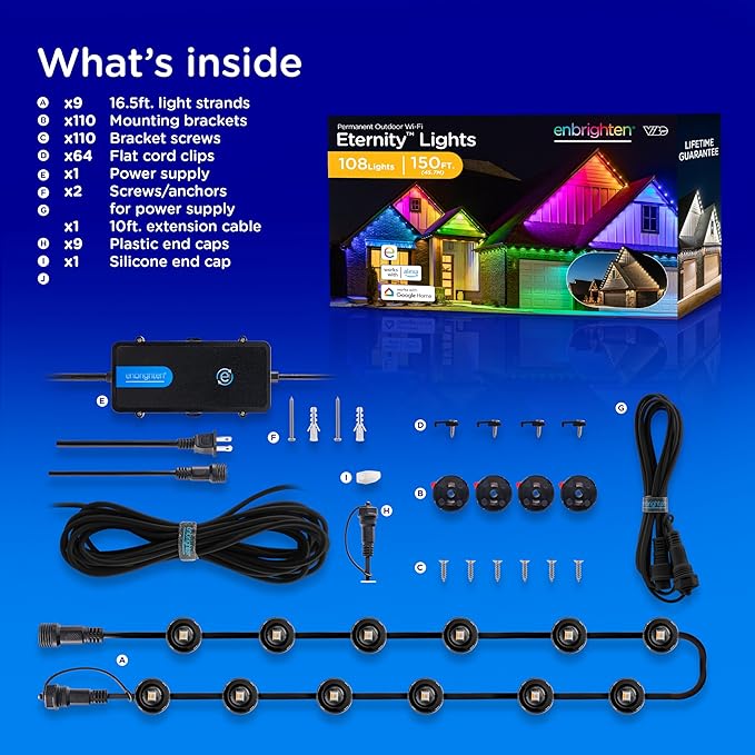 Enbrighten Vibe Eternity Permanent Outdoor Lights for House 150ft 108 RGBWIC LEDs Close Spacing 33lm Color Changing Christmas Eave Lighting Smart App Works with Alexa Google Home 85103