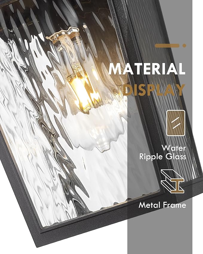 Outdoor Wall Sconce 2 Pack HWH Exterior Wall Lighting Fixtures with Water Ripple Glass Industrial Outdoor Porch Lights Wall Mounted for House Patio Matte Black 5HX64B-2PK-SW BK