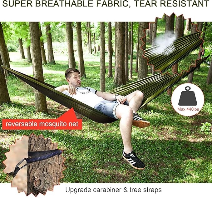 Camping Hammock with Rain Fly Tarp and Mosquito Net Tent Tree Straps Portable Single Double Nylon Parachute Hammock Rainfly Set for Backpacking Hiking Travel Yard Outdoor Activities Green