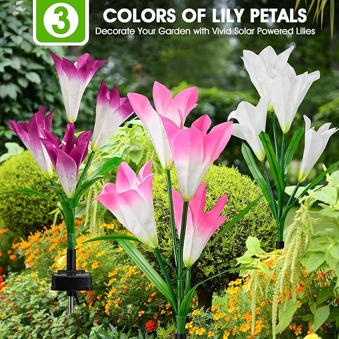 6 Pack Solar Garden Lights Outdoor 7 Color Changing LED Waterproof Solar Powered Lily Flowers Landscape Lights for Outside Yard Patio Pathway Decorative Décor