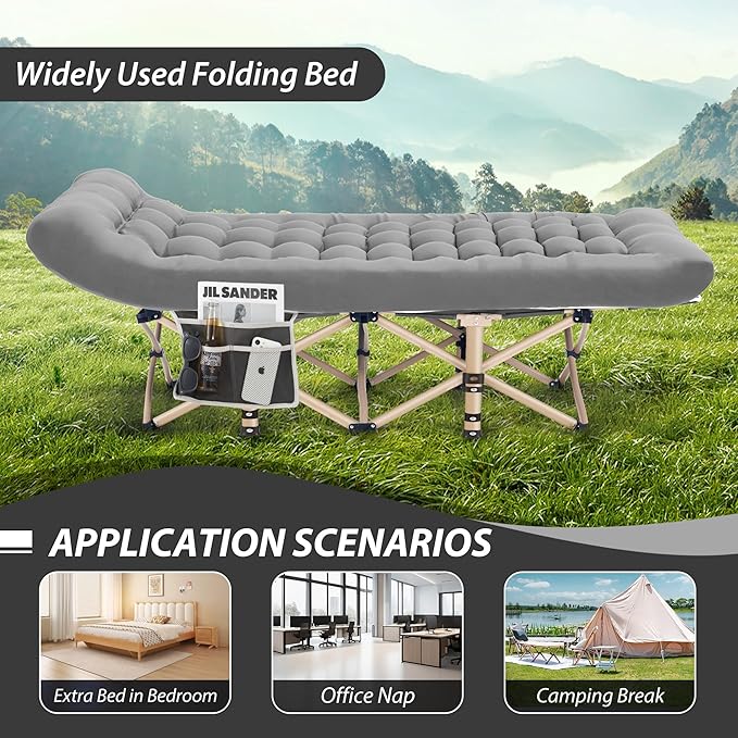 Folding Camping Cot for Sleeping Portable Cots for Adults Heavy Duty Cot Bed 550LBS(Max Load) Extra Wider Cots with Large Pocket for Outdoor Office Beach