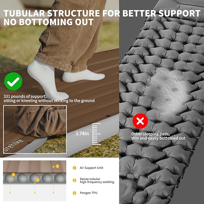 Naturehike Camping Sleeping Pad Ultralight Inflatable Sleeping Mat with Pillow Built-in Foot Pump 2.6 Inch Lightweight Air Mattress for Backpacking Hiking Traveling (Brown)