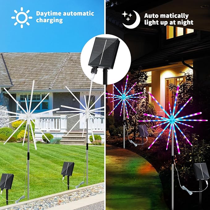 Solar Firework Lights Outdoor 9 Colors 16 Modes Solar Garden Light Waterproof Solar Powered Starburst Light for Party Wedding Holiday Decoration Meteor Lights 2 Pack