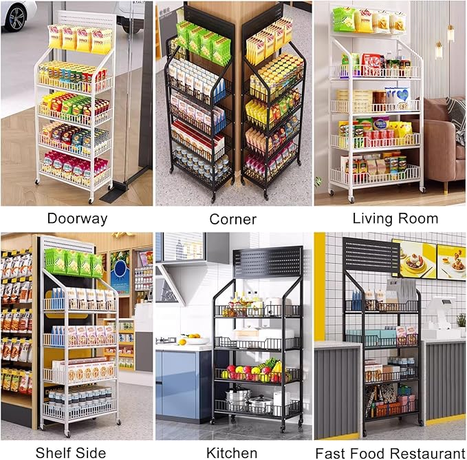 Convenience Store Shelf Cart 4 Tier Supermarket Portable Display Rack for Snacks/Drinks/Can/Toys with Hooks &amp Wheels Commercial Home Carbon Steel Frame White-4 Tier-60x27x140cm
