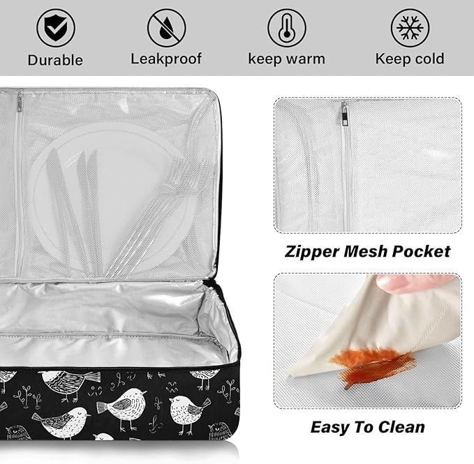 Casserole Carrier Birds BlackInsulated Casserole Carrier for Hot or Cold Food Thermal Lunch Tote for Potluck Parties Picnic Beach Fits 9 x 13 Inches Baking Dish