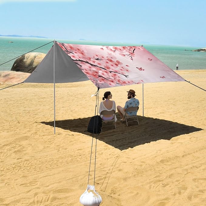 Pink with Butterflies Beach Tent Sun Shelter 9.2' x 10.5' Beach Canopy with 4 Sandbags 4 Stability Poles Sand Shovels - Tent Canopy for Beach Camping Fishing Picnics
