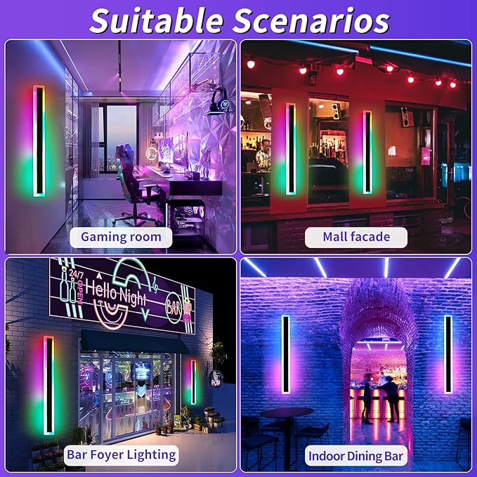 Mikeru 2pack 57inch Outdoor Wall Light Fixtures RGB Long Exterior Wall Light 10%-100% Dimmable Smart Outdoor Light Fixtures Wall Mount Featuring Multiple Modes and 12 Colors for Patio Entryway