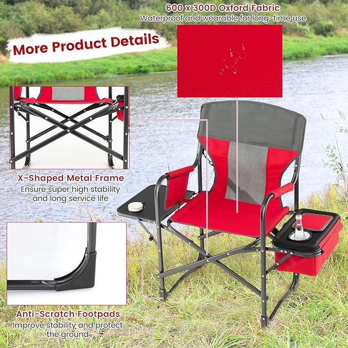 Tangkula Camping Chairs Folding Camp Chair with Side Table Cooler Bag Portable Outside Padded Lawn Chair for Travel Picnic Fishing Heavy Duty Oversized Director Chair for Adults Supports 400lbs