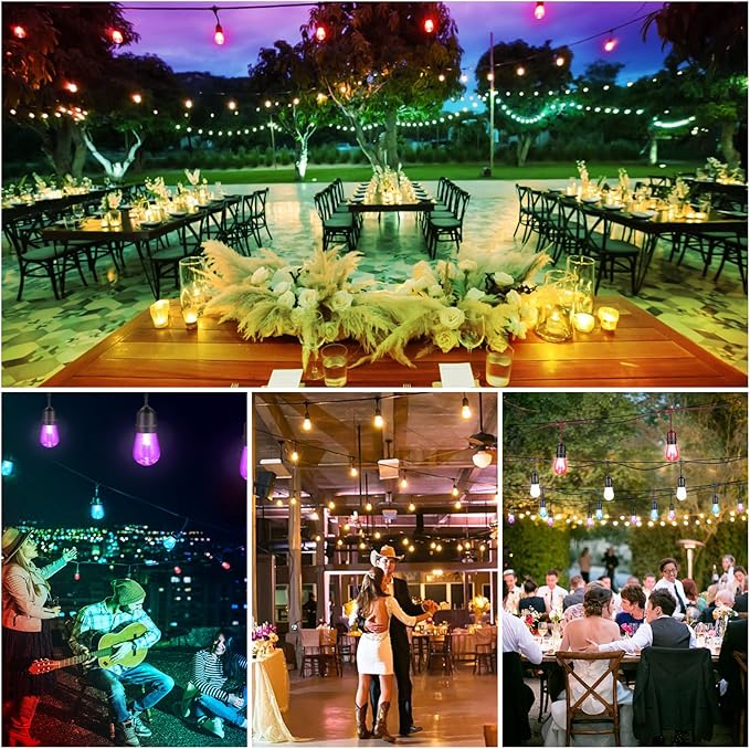 Mlambert 144Ft(3x48ft) Multicolor Outdoor Patio Lights Dimmable RGB Cafe String Lights with 45+6 Waterproof LED Bulbs for Garden Bistro-Black 3 Pack