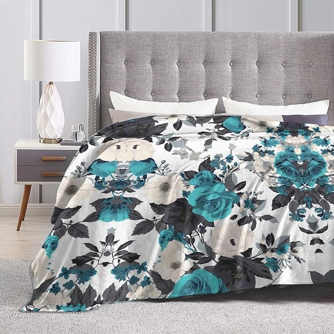 Blankets 60x50 - Lightweight Durable and Compact Anti-Wrinkle Blanket for Bed Sofa Camping Cinema and Travel Black White Teal Gray Rose Flowers Printed
