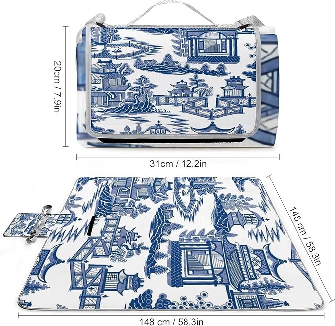 Blue and White Chinese Folk Chinoiserie Style Waterproof Outdoor Picnic Blanket Sandproof Beach Mat for Camping Hiking Grass Travelling