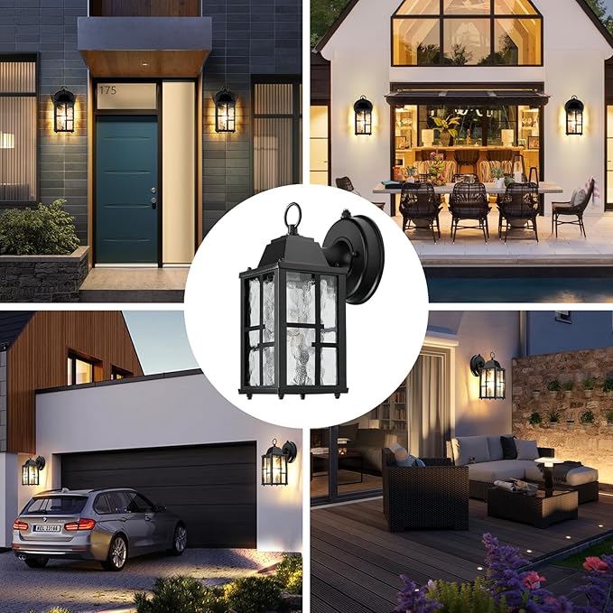 OKELI Dusk to Dawn Outdoor Wall Lights Exterior Waterproof Lantern Front Porch Sconce Lighting with Water Ripple Glass Shade Anti-Rust Wall Lamps Outside Lights for Garage (Black-SIZE-S-2pack)