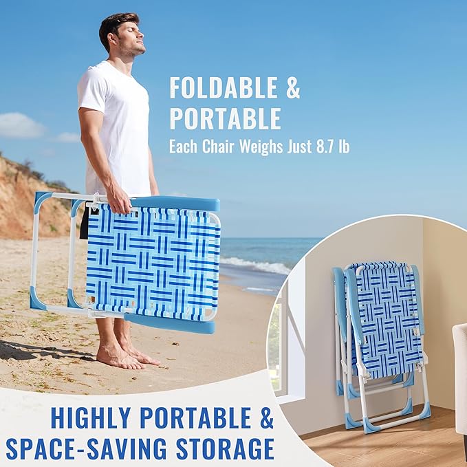 Yaheetech Set of 2 Outdoor Beach Camping Chair Folding Lawn Chair with Armrests for Adults Portable Robust Iron Frame Chairs for Patio Backyard Poolside Blue